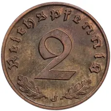 Монета 2 рейхспфеннига 1938 года J Германия (реверс)