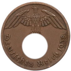 Монета 1 рейхспфенниг 1938 года A Германия (аверс)