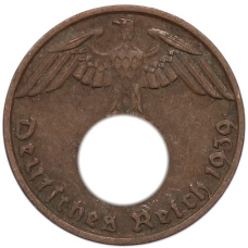 Монета 1 рейхспфенниг 1939 года B Германия (аверс)