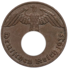 Монета 1 рейхспфенниг 1938 года J Германия (аверс)