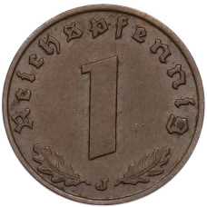 Монета 1 рейхспфенниг 1938 года J Германия (реверс)