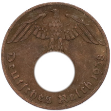 Монета 1 рейхспфенниг 1938 года F Германия (аверс)