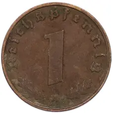 Монета 1 рейхспфенниг 1938 года A Германия (реверс)