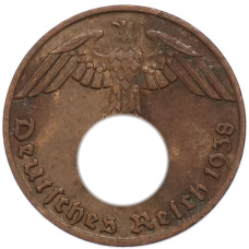 Монета 1 рейхспфенниг 1938 года J Германия (аверс)