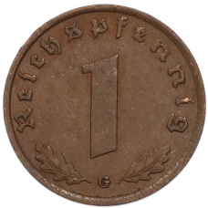 Монета 1 рейхспфенниг 1938 года G Германия (реверс)