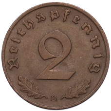 Монета 2 рейхспфеннига 1938 года D Германия (реверс)