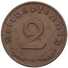 Монета 2 рейхспфеннига 1938 года D Германия (реверс)
