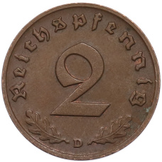 Монета 2 рейхспфеннига 1939 года D Германия (реверс)