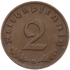 Монета 2 рейхспфеннига 1939 года D Германия (реверс)