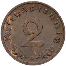 Монета 2 рейхспфеннига 1939 года D Германия (реверс)
