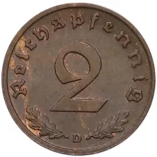 Монета 2 рейхспфеннига 1939 года D Германия (реверс)