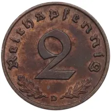 Монета 2 рейхспфеннига 1939 года D Германия (реверс)