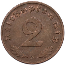 Монета 2 рейхспфеннига 1937 года D Германия (реверс)