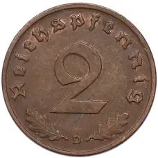 Монета 2 рейхспфеннига 1937 года D Германия (реверс)