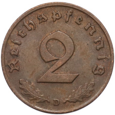 Монета 2 рейхспфеннига 1939 года D Германия (реверс)
