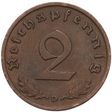 Монета 2 рейхспфеннига 1939 года D Германия (реверс)