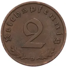 Монета 2 рейхспфеннига 1939 года D Германия (реверс)