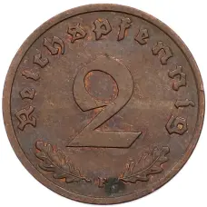 Монета 2 рейхспфеннига 1939 года F Германия (реверс)