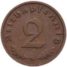 Монета 2 рейхспфеннига 1939 года G Германия (реверс)