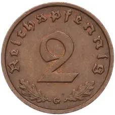 Монета 2 рейхспфеннига 1938 года G Германия (реверс)