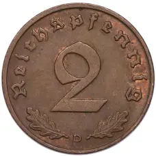 Монета 2 рейхспфеннига 1937 года D Германия (реверс)