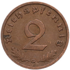 Монета 2 рейхспфеннига 1938 года G Германия (реверс)