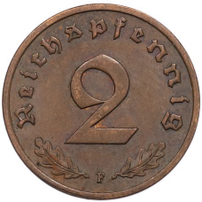Монета 2 рейхспфеннига 1937 года F Германия (реверс)