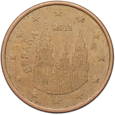 Монета 5 евроцентов 2011 года Испания (аверс)