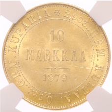 Монета 10 марок 1879 года Русская Финляндия — в слабе NGC (MS63) (аверс)