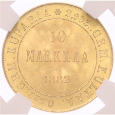 Монета 10 марок 1882 года Русская Финляндия — в слабе NGC (MS64) (аверс)