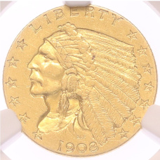 Монета 2 1/2 доллара 1908 года США — в слабе NGC (AU58) (аверс)