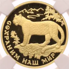 Монета 100 рублей 2011 года ММД «Сохраним наш мир — Переднеазиатский леопард» в слабе NGC (PF69 ULTRA CAMEO) (аверс)