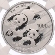 Монета 1000 юаней 2022 года Китай «40 лет чеканке монет с пандой» в слабе NGC (MS70) (аверс)