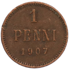 Монета 1 пенни 1907 года Русская Финляндия (аверс)