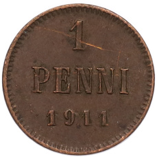 Монета 1 пенни 1911 года Русская Финляндия (аверс)