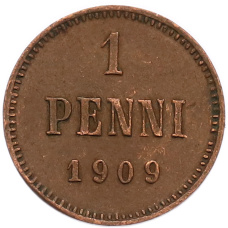 Монета 1 пенни 1909 года Русская Финляндия (аверс)