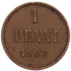 Монета 1 пенни 1908 года Русская Финляндия (аверс)