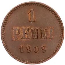 Монета 1 пенни 1909 года Русская Финляндия (аверс)