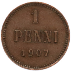 Монета 1 пенни 1907 года Русская Финляндия (аверс)