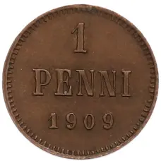 Монета 1 пенни 1909 года Русская Финляндия (аверс)