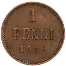 Монета 1 пенни 1909 года Русская Финляндия (аверс)
