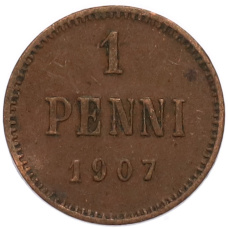 Монета 1 пенни 1907 года Русская Финляндия (аверс)