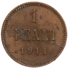 Монета 1 пенни 1911 года Русская Финляндия (аверс)