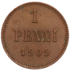 Монета 1 пенни 1909 года Русская Финляндия (аверс)