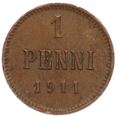 Монета 1 пенни 1911 года Русская Финляндия (аверс)