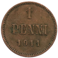 Монета 1 пенни 1911 года Русская Финляндия (аверс)