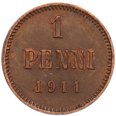 Монета 1 пенни 1911 года Русская Финляндия (аверс)
