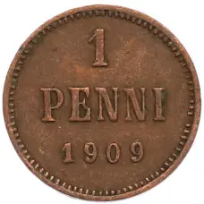Монета 1 пенни 1909 года Русская Финляндия (аверс)