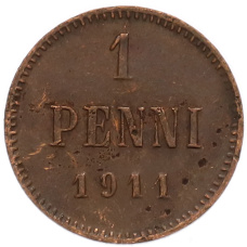 Монета 1 пенни 1911 года Русская Финляндия (аверс)