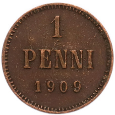 Монета 1 пенни 1909 года Русская Финляндия (аверс)